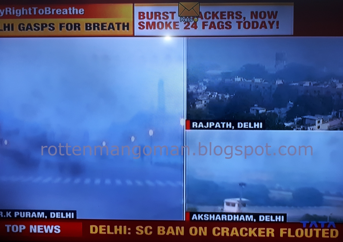 TV grab of Indian Media highlighting the pollution levels on the day after sale of Diwali Crackers were banned in New Delhi and National Capital Region, part of the blog of rottenmangoman.blogspot.com